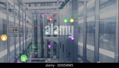 Glowing central server racks showing floating holographic icons and LED lights in data center aisle Stock Photo