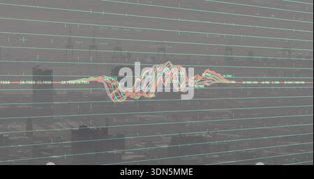 Displaying multicolor waveform moving across city skyline, with teal grid, numeric labels, towers Stock Photo