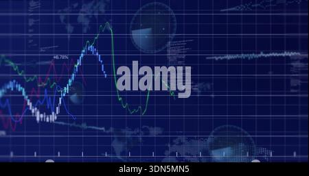 Displaying financial dashboard on dark-blue screen, with colored lines, candles, +6 Stock Photo