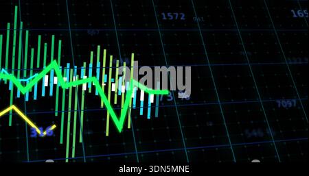 Displaying neon-green jagged line with bar series on dashboard showing teal grid and yellow trend Stock Photo