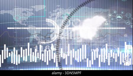 Showing dotted world map and vertical bars on dashboard, overlaying line graphs, curved ribbon, HUD Stock Photo