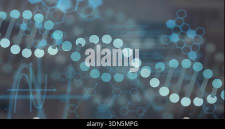 Displaying stylized DNA helix glowing in research lab visualization, with ECG trace and hexagons Stock Photo