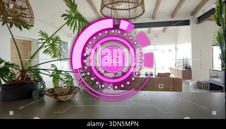 Displaying magenta AR HUD overlay centering in modern living room, showing 361 readout and plants Stock Photo