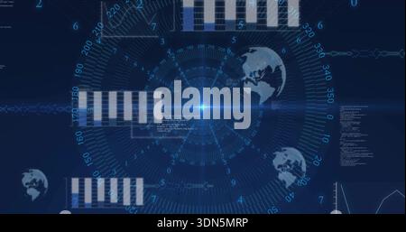 Displaying ringed HUD pulsing blue core on dark dashboard, showing globe icons and charts Stock Photo