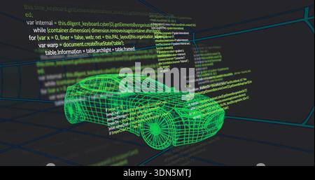 Displaying neon green wireframe sedan rotating in virtual grid tunnel, showing code overlays Stock Photo