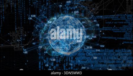 Pulsing blue data sphere linking nodes, displaying numeric labels and code fragments over hex grid Stock Photo