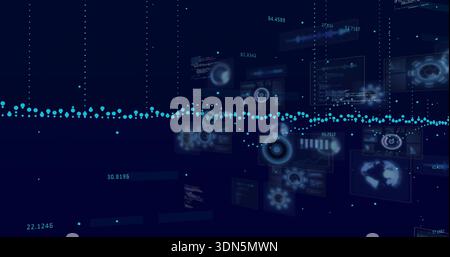 Displaying horizontal cyan wave running across virtual dashboard, with HUD panels, gauges, globe Stock Photo