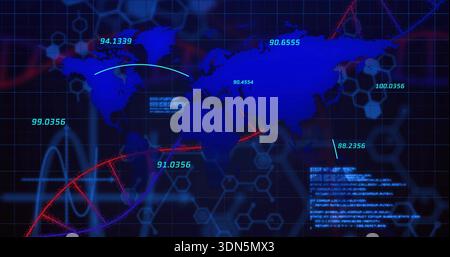 Displaying blue world map graphic pulsing on virtual dashboard, showing numeric labels, DNA helix Stock Photo