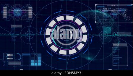 Displaying central circular HUD occupying center of dark grid, with segmented rings and data panels Stock Photo