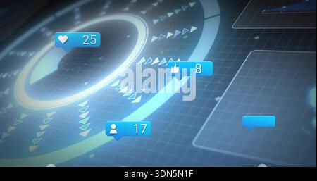 Displaying central circular avatar with concentric rings on HUD, showing heart25 like8 profile17 Stock Photo