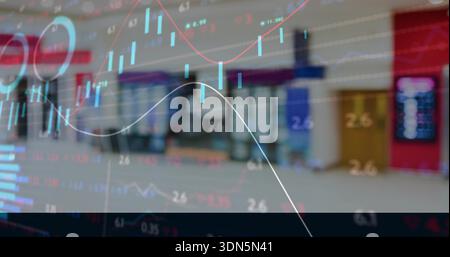 Displaying faint candlestick overlay floating over blurred lobby, with cyan bars and colored lines Stock Photo