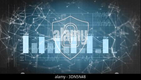 Showing central shield and padlock overlaying data dashboard, featuring chart, graphs, network mesh Stock Photo