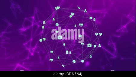 Floating teal-node globe linking in neon purple mesh, showing human heart medical-bag syringe lock Stock Photo