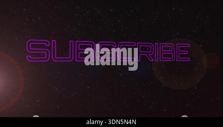 Displaying neon purple outlined SUBSCRIBE glowing in space, with stars, lens flare, lens reflection Stock Photo