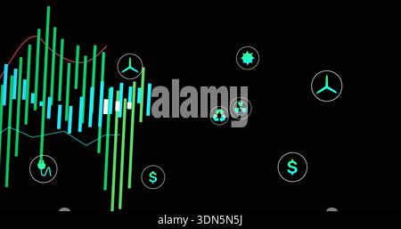 Displaying vertical bar chart on black dashboard, showing trend lines and energy icons, copy space Stock Photo