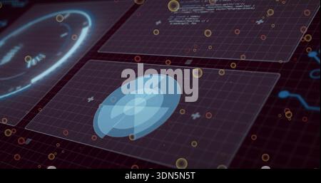 Rotating blue concentric HUD element sitting centered on dark grid showing holographic panels, orbs Stock Photo