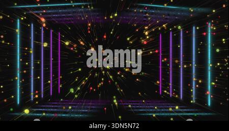Radiating central burst emitting radial light streaks in neon tunnel, with cyan magenta columns Stock Photo