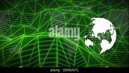 Floating white globe hovering in digital terrain, neon green mesh and white dots, copy space Stock Photo
