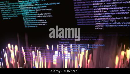 Streaming code text and glowing light columns filling center of dark cyber interface, with bokeh Stock Photo