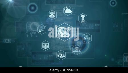 Displaying central hexagon glowing at tech dashboard, showing cloud, servers, users, sync Stock Photo