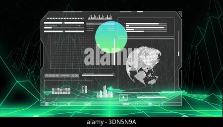 Projecting central transparent HUD displaying dotted 3D globe over neon wireframe grid in VR Stock Photo