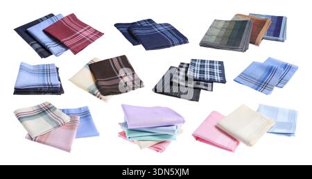 Different fabric handkerchiefs isolated on white, set Stock Photo