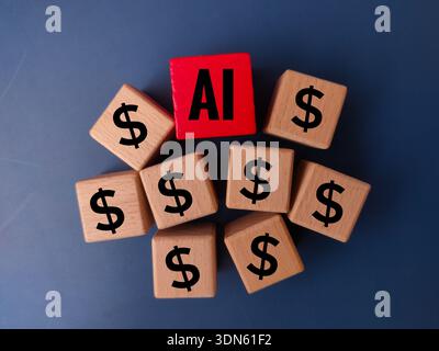 The image is a conceptual representation of artificial intelligence using wooden blocks with text and currency symbols. Stock Photo