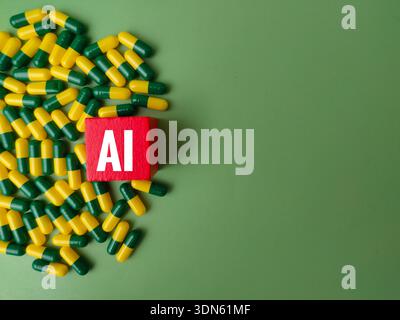 The image is a conceptual illustration of the integration of artificial intelligence AI in the pharmaceutical and medical industries. Stock Photo