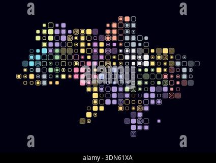Ukraine, shape of the country built of colored cells. Digital style map of Ukraine on a dark background. Large size rounded square blocks. Stock Vector