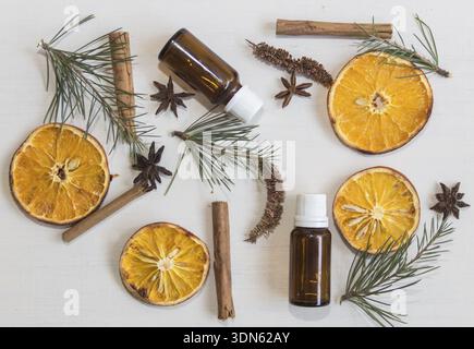 Top view bottles and ingredients. Background, Argentina, Argentina Stock Photo