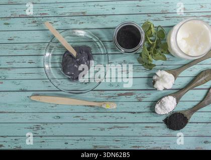 Group of natural ingredients to prepare toothpaste with activated carbon Stock Photo