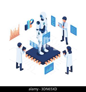 Isometric Scientist Inspecting AI Robot in a High Tech Lab. AI Governance and Artificial Intelligence Inspection Concept Stock Vector
