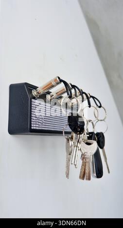Creative Guitar Amp Key Holder with Jack Plug Keychains on White Wall Stock Photo