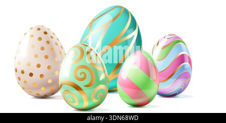 Easter eggs with soft shadows on white background, colorful and ornate with gold swirls and dots. Stock Vector