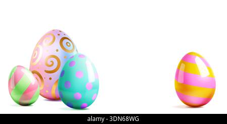 Vibrant easter eggs with soft shadows and various patterns on white background, showcasing different colors and designs. Stock Vector