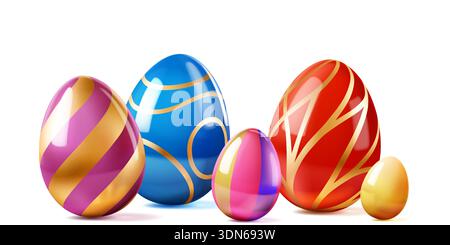 Easter illustration with colorful eggs and soft shadows on white background, eggs are decorated with golden stripes. Stock Vector
