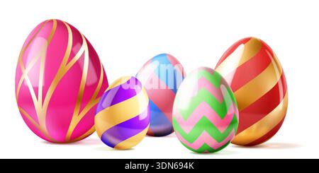 Easter illustration with colorful eggs and soft shadows on white background, decorated with stripes and patterns. Stock Vector