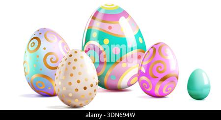 Easter eggs with soft shadows, colorful patterns, and gold accents on a white background, creating a festive atmosphere. Stock Vector