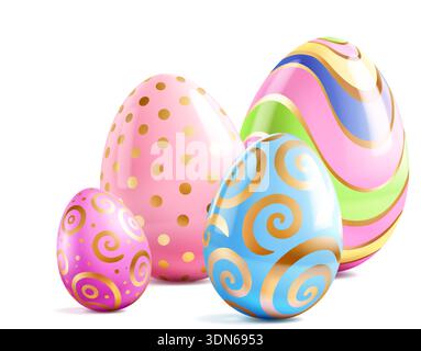 Easter eggs with swirling patterns, dots, and stripes in pastel colors with gold accents on a white background. Stock Vector
