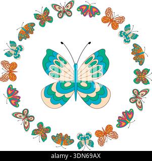 Groovy Retro Butterfly Border Circle Pattern Stock Vector