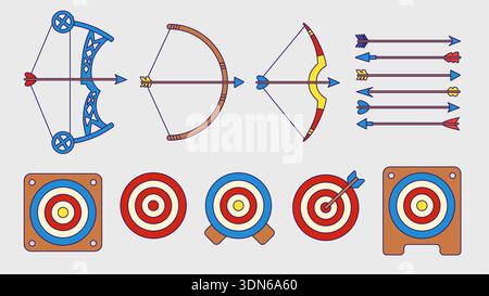 Archery outline icon set. Colorful arrows, targets and different bows Stock Vector