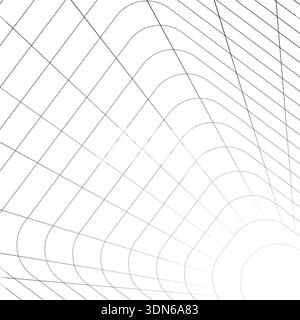 Tunnel with rounded corners receding into distance. Moving energetic grid structure of fine lines. Simple black and white dynamic vector background Stock Vector