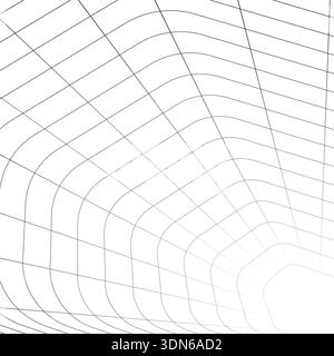 Tunnel with rounded corners receding into distance. Moving energetic grid structure of fine lines. Simple black and white dynamic vector background Stock Vector