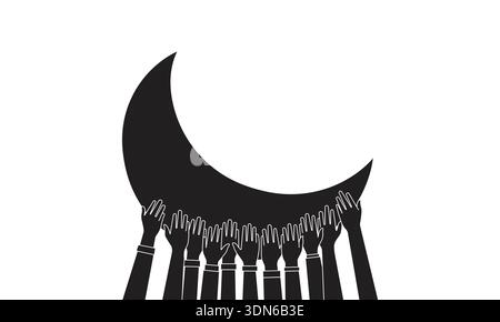 Minimalist Black Silhouette of Diverse Hands Reaching for Crescent Moon for Teamwork and Unity Stock Vector