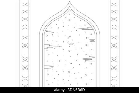 Islamic Mosque Window Outline with Moon and Stars Night Sky for Ramadan Decoration Vector Stock Vector