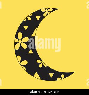 Silhouette Moon Vector with Geometric Floral Patterns - High Contrast Yellow and Black Lunar Art Stock Vector