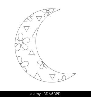 Modern Flower Moon Line Art - Geometric Crescent Moon Coloring Page with Triangles and Petals Stock Vector