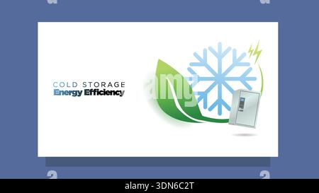 Cold Storage Energy Efficiency Concept – Eco Friendly Industrial Freezer with Power and Leaf Symbol Stock Vector