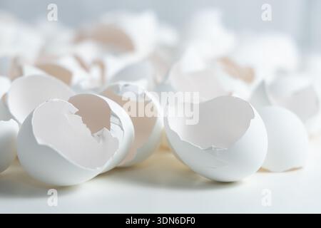 Egg shells are scattered across a table showing where eggs were cracked after being used in cooking. Stock Photo