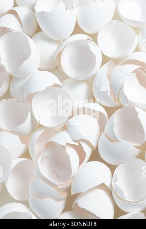 Many broken egg shells are seen on a flat surface. The white shells are hollow with irregular edges. Stock Photo